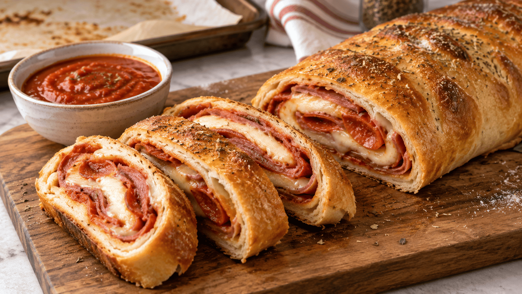 Easy stromboli recipe sliced on a wooden board with pepperoni, capicola, melted mozzarella, and marinara for dipping