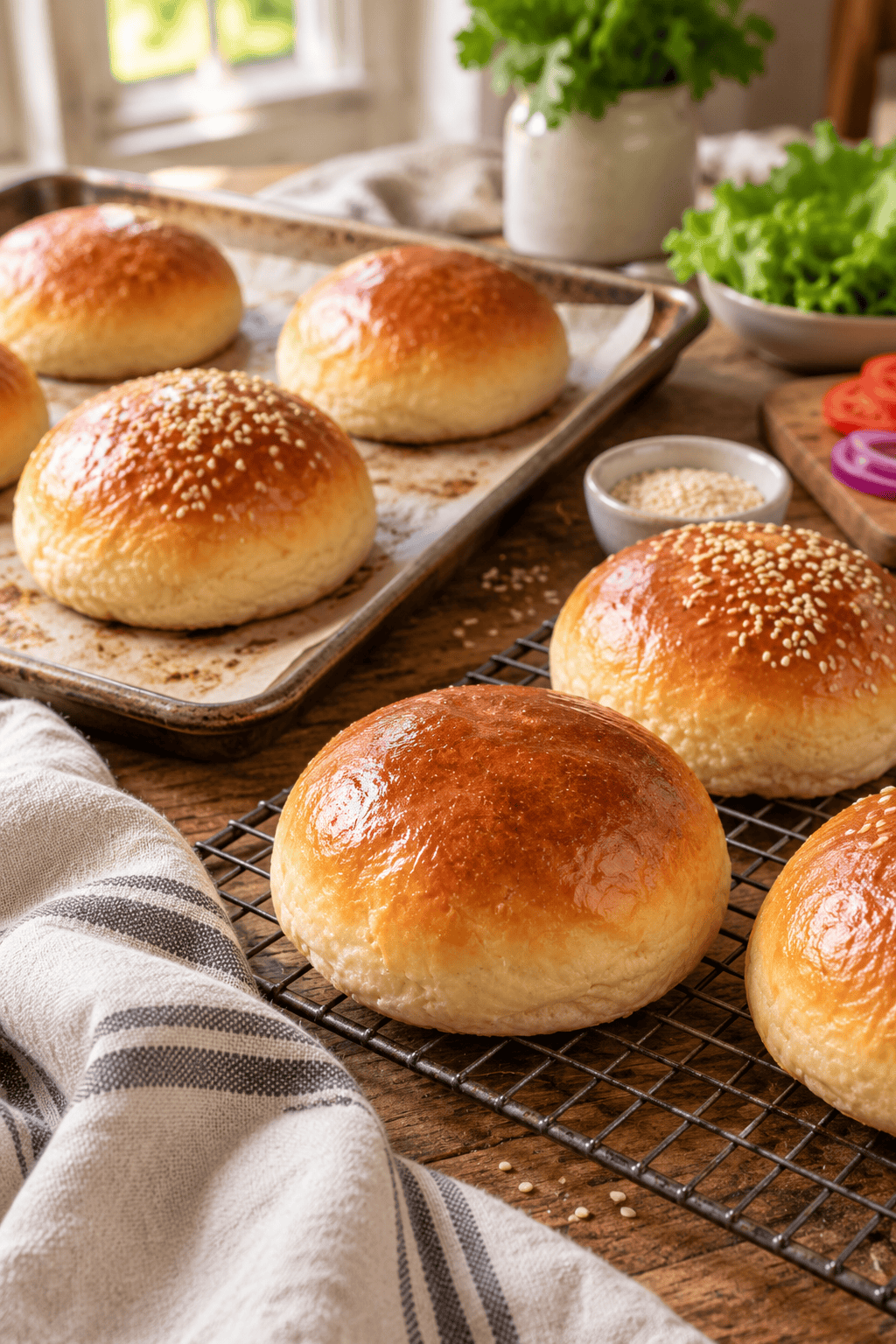 Golden homemade hamburger buns cooling on a wire rack after baking