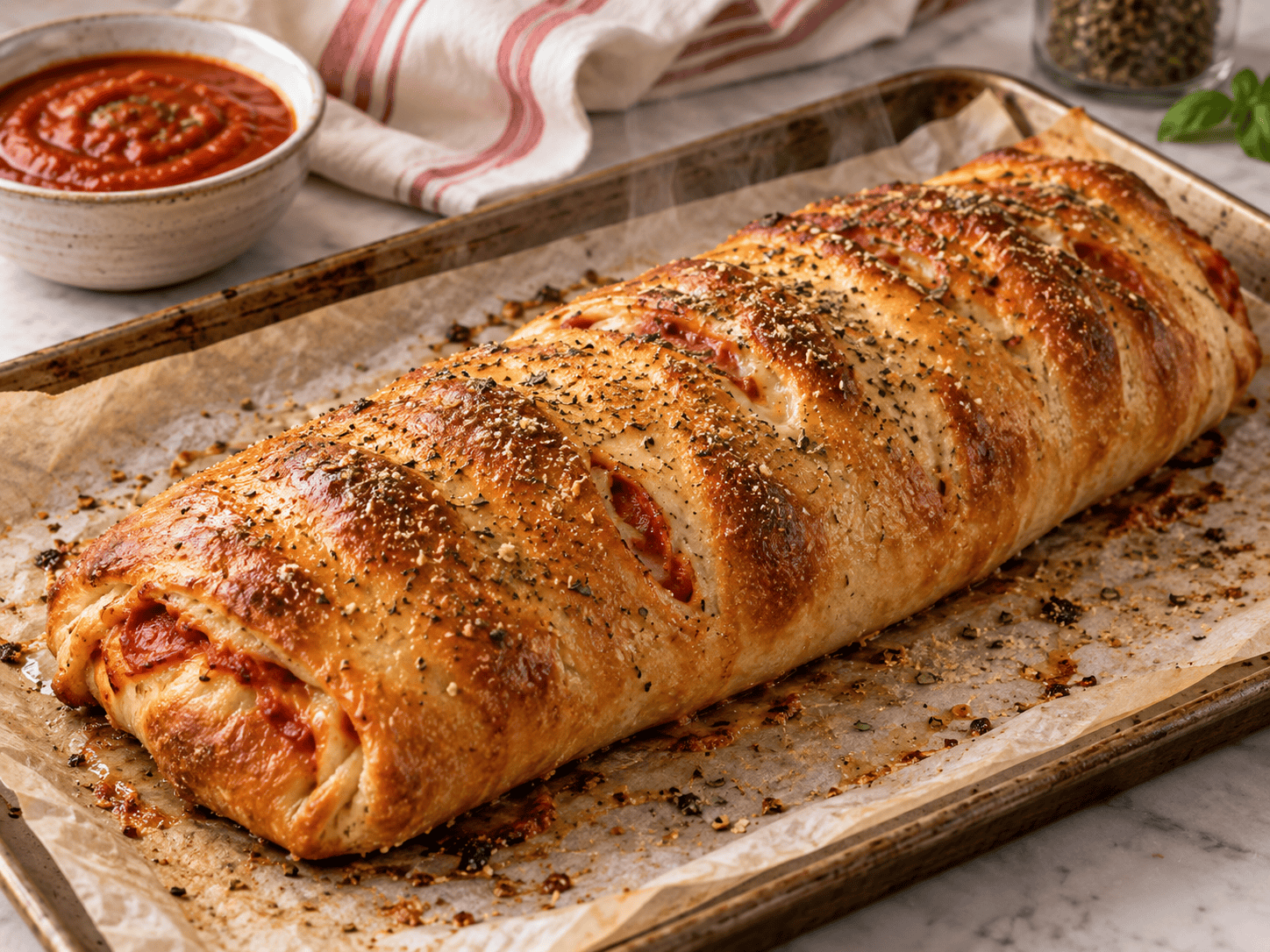 Freshly baked homemade stromboli with a golden crisp crust and Italian seasoning on a parchment-lined baking sheet