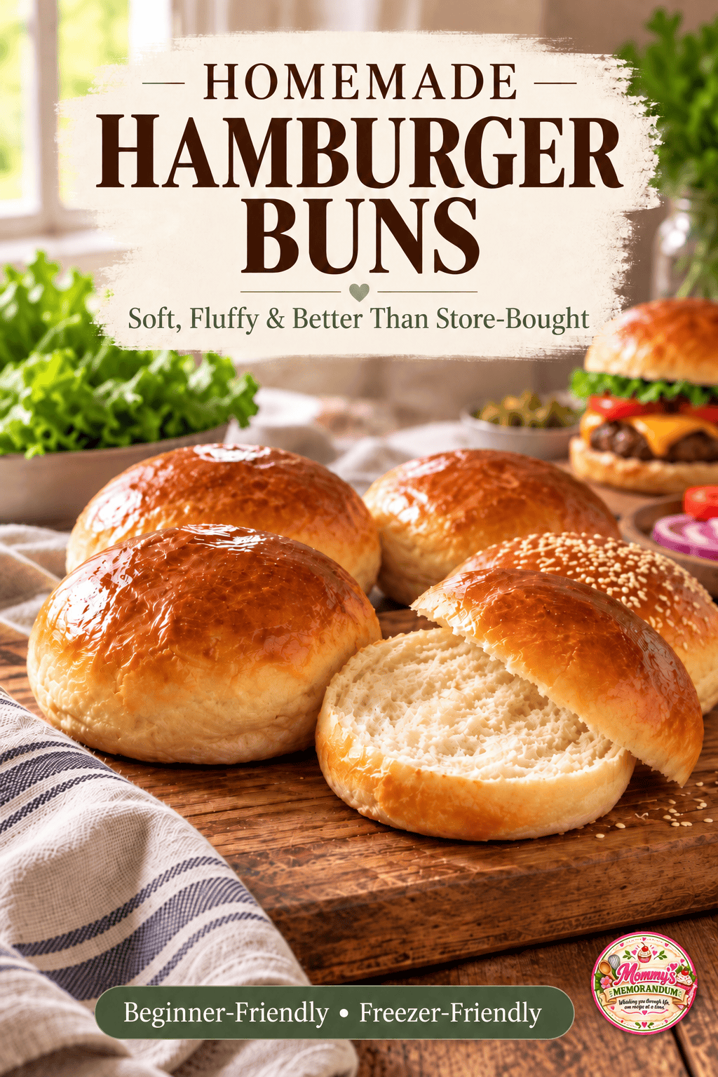 Homemade hamburger buns recipe with soft fluffy golden buns