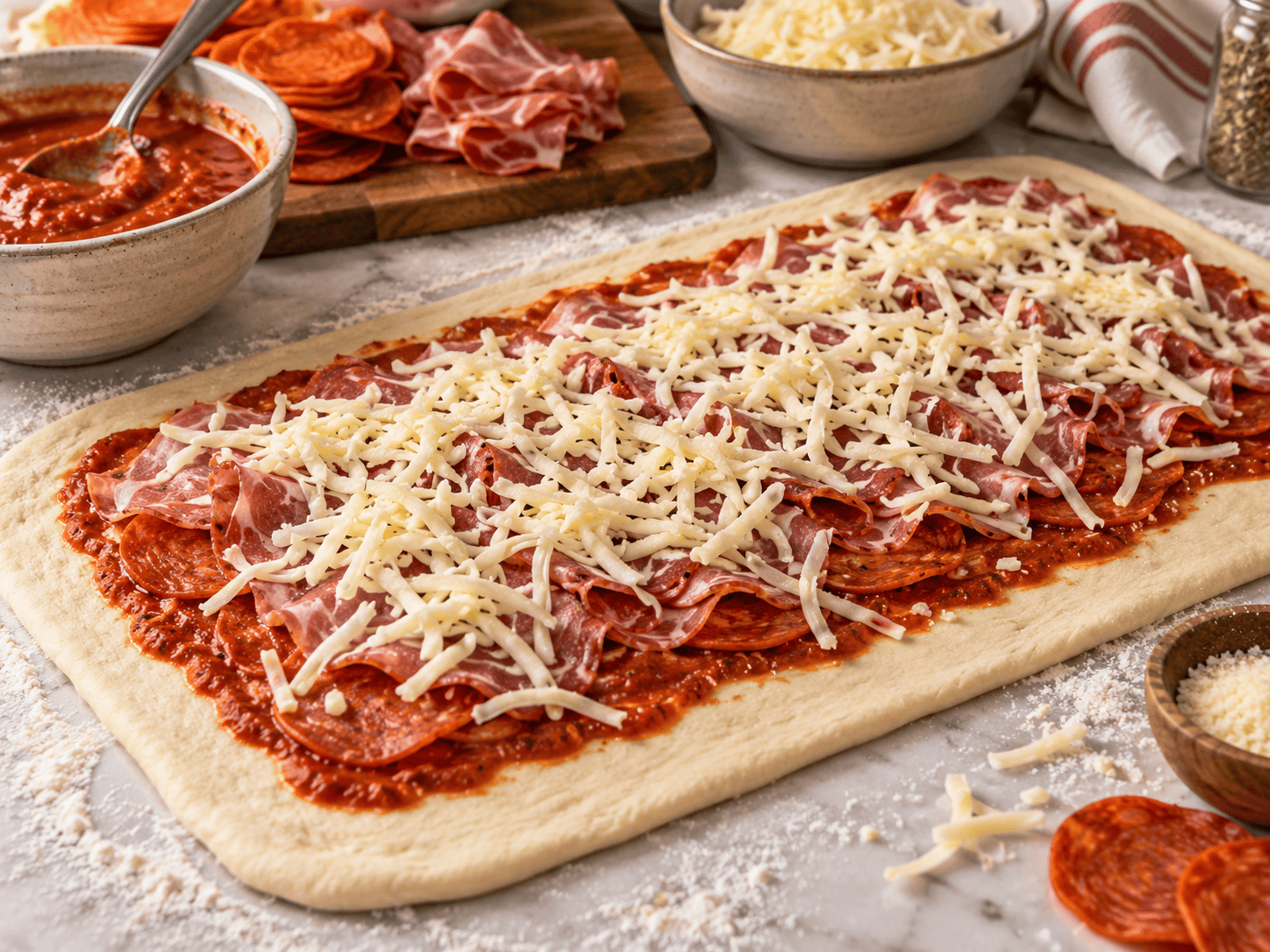 Pizza dough layered with marinara, pepperoni, capicola, and shredded mozzarella before rolling into stromboli