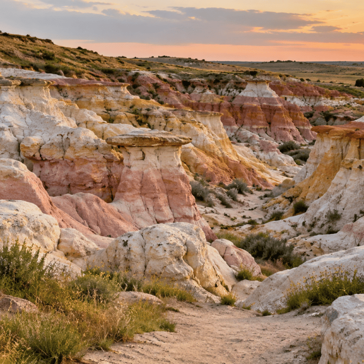 Colorful pink, white, and orange rock formations at Paint Mines Interpretive Park in Colorado