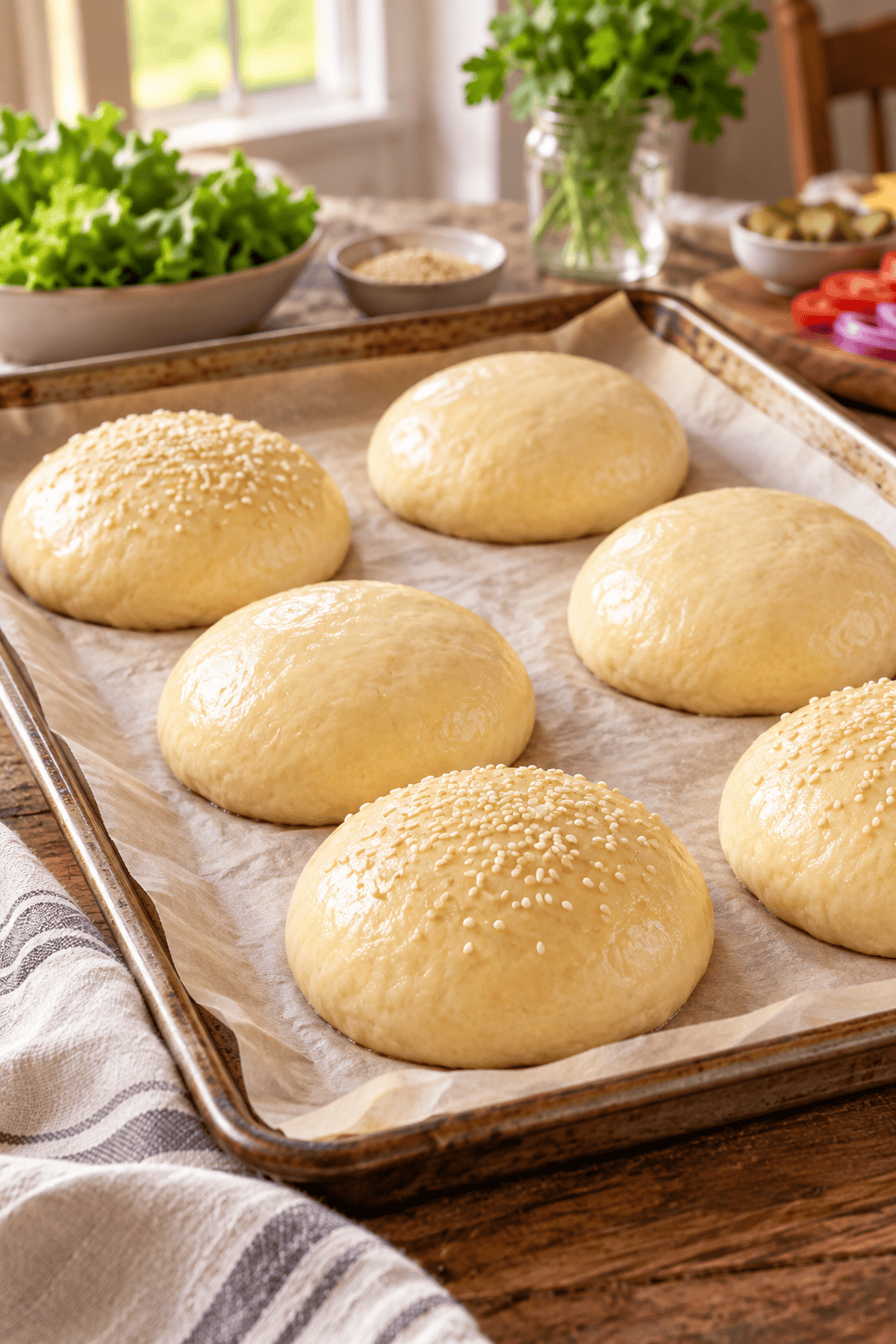 Proofed homemade hamburger bun dough on a parchment-lined baking sheet
