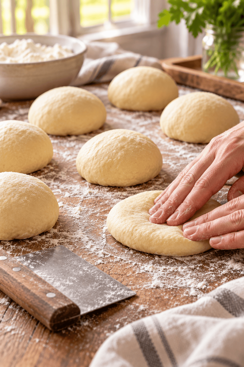 Hands flattening homemade hamburger bun dough balls on a floured work surface