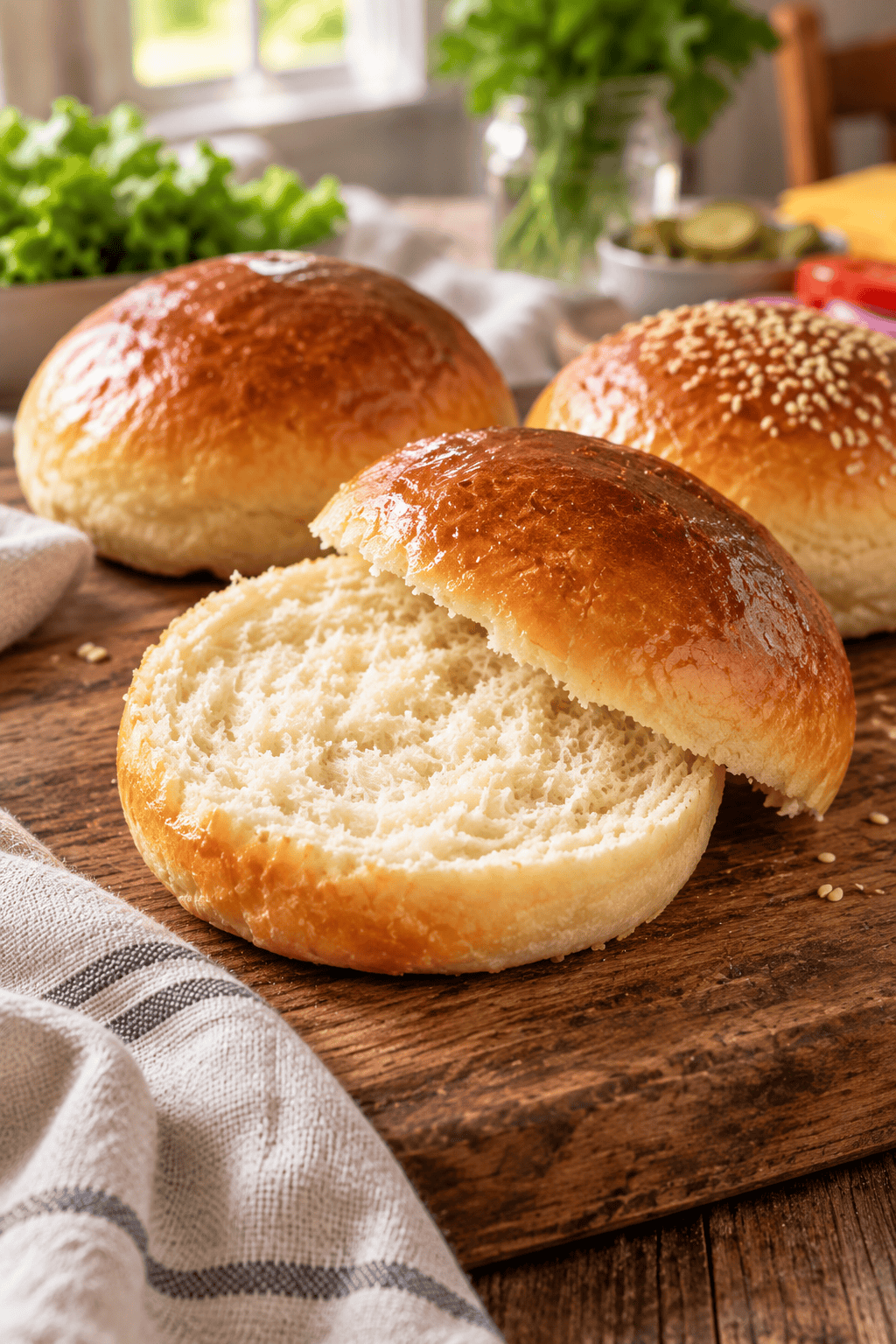 Soft homemade hamburger bun sliced open to show the fluffy interior