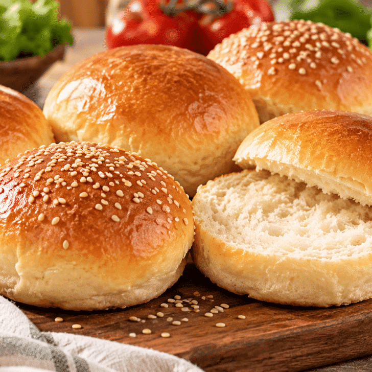 Golden homemade hamburger buns on a wooden board with one sliced open