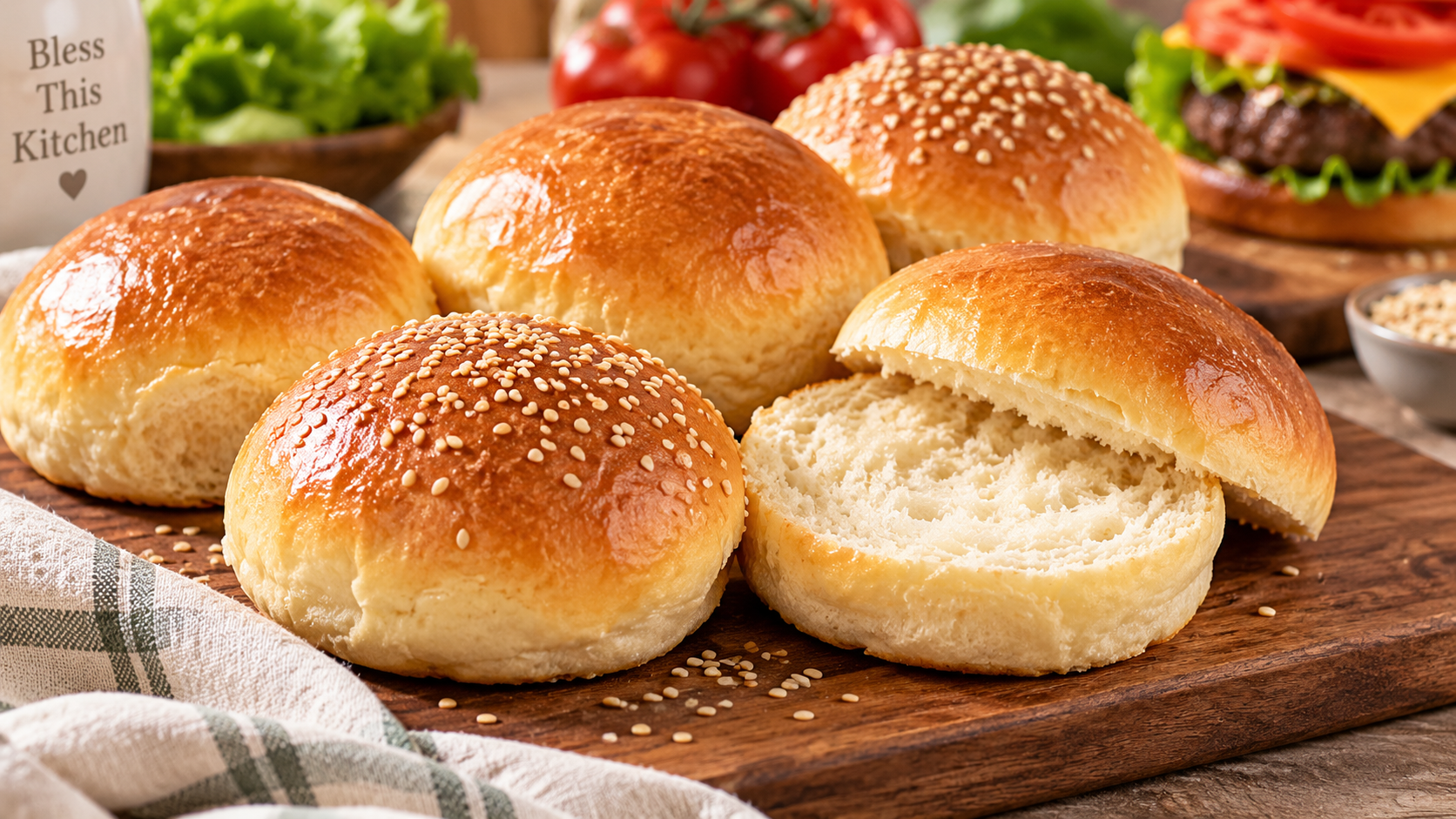 Golden homemade hamburger buns on a wooden board with one sliced open
