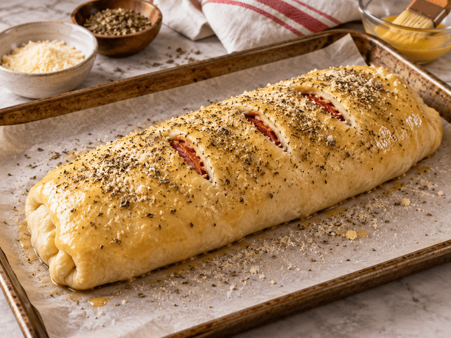 Unbaked stromboli brushed with egg wash and topped with Italian seasoning with vents cut across the dough