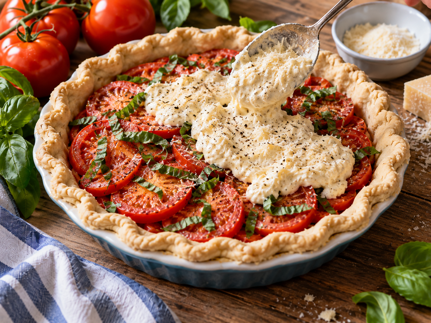 Adding the Parmesan Topping to Tomato Pie Creamy Parmesan topping being spread over fresh tomatoes and basil in tomato pie