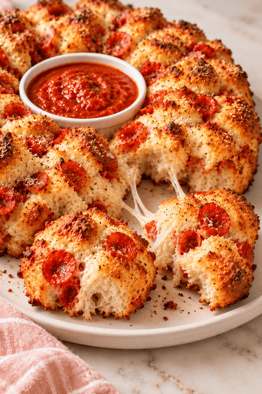 Separate pepperoni biscuit bites with fluffy interiors and melted cheese beside a missing section of the pizza bread ring.