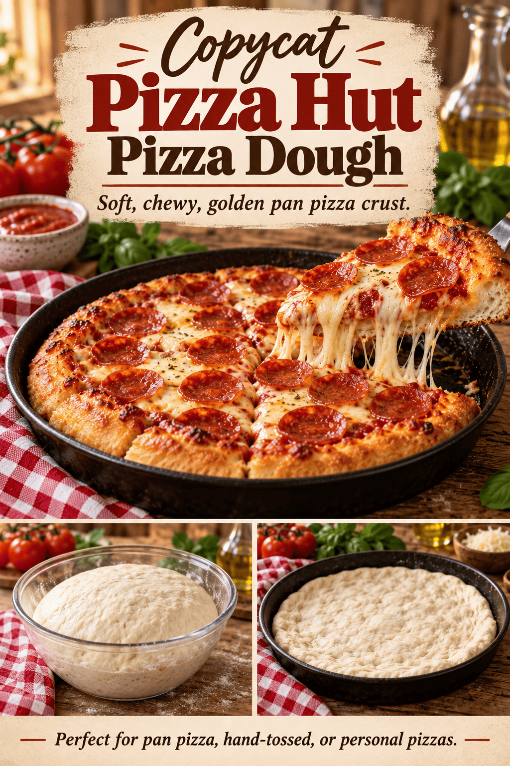 Copycat Pizza Hut Pizza Dough recipe for soft chewy golden homemade pan pizza crust