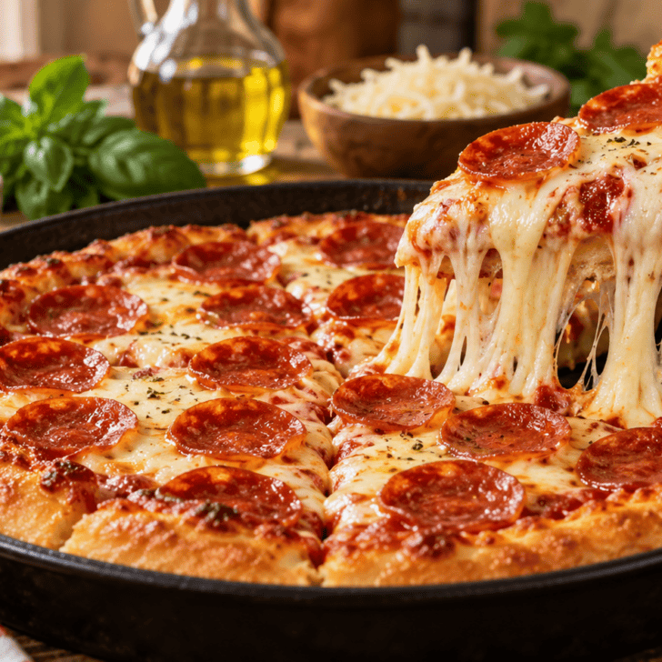 Copycat Pizza Hut pizza dough baked into a golden pepperoni pan pizza with a soft chewy crust