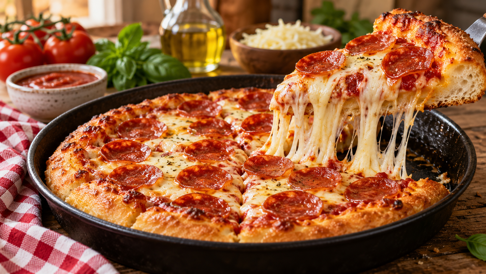 Copycat Pizza Hut pizza dough baked into a golden pepperoni pan pizza with a soft chewy crust
