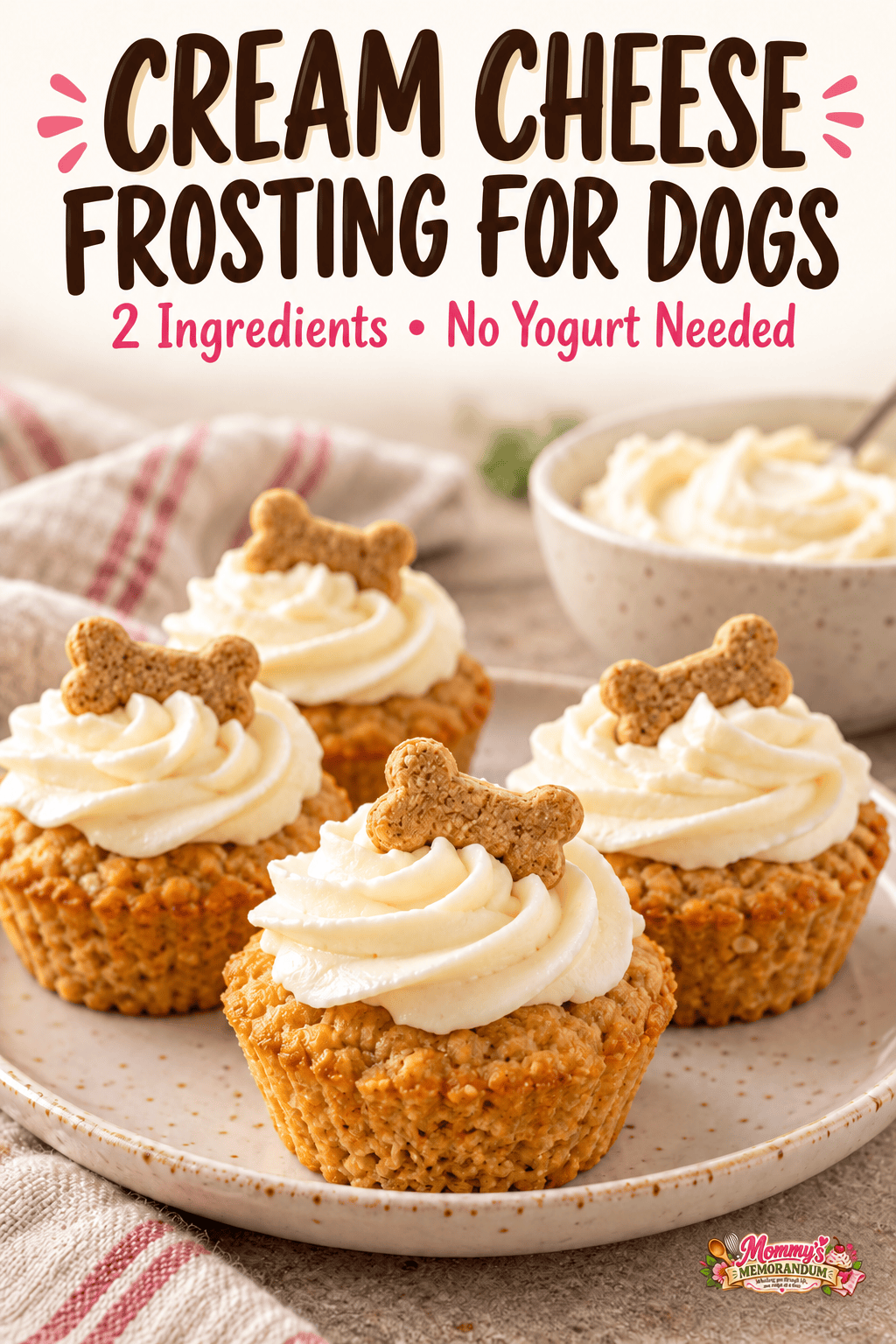 Pupcakes topped with cream cheese frosting and bone-shaped biscuits beneath the text Cream Cheese Frosting for Dogs, 2 Ingredients, No Yogurt Needed