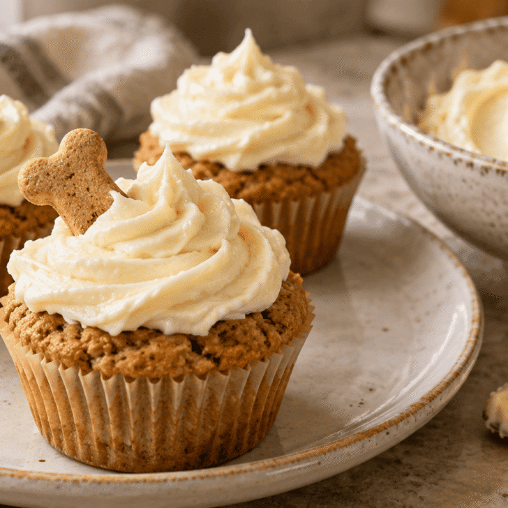 Homemade pupcakes topped with cream cheese dog frosting, with a bone-shaped biscuit and a bowl of frosting nearby