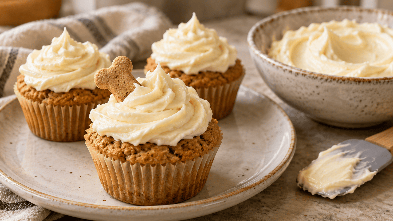 Homemade pupcakes topped with cream cheese dog frosting, with a bone-shaped biscuit and a bowl of frosting nearby