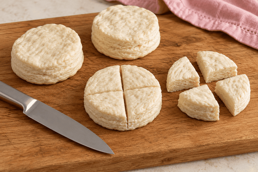 Round refrigerated biscuits on a cutting board, with one cut into four quarters and separated biscuit wedges beside it.