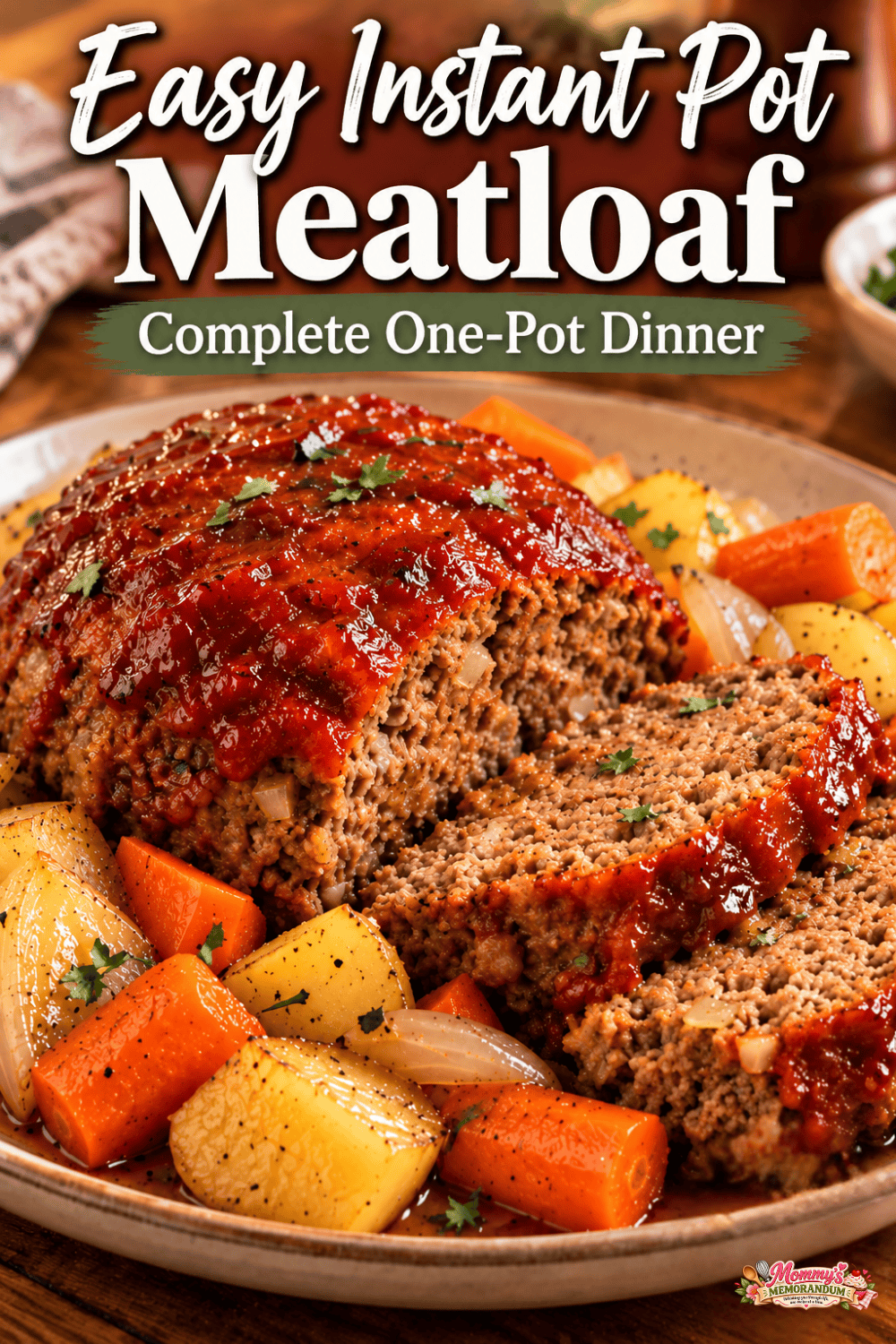 Pinterest graphic for Easy Instant Pot Meatloaf with sliced glazed meatloaf and vegetables