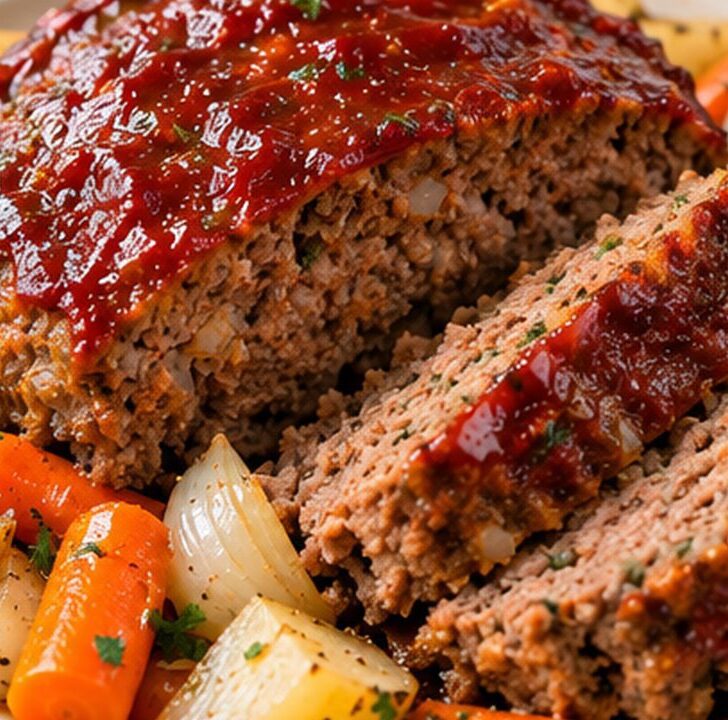Sliced Instant Pot meatloaf with tomato glaze, potatoes, carrots, and onions