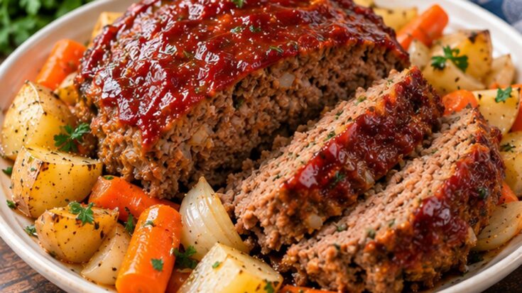 Sliced Instant Pot meatloaf with tomato glaze, potatoes, carrots, and onions