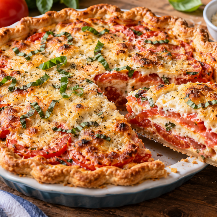 Southern tomato pie with Parmesan, fresh basil, and a slice lifted from the flaky crust