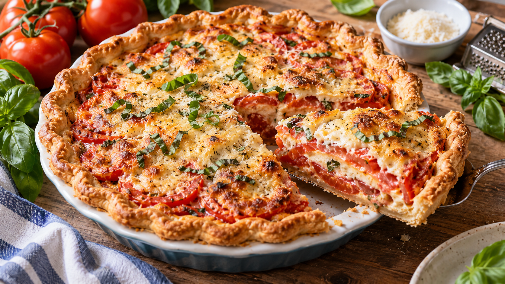 Easy Southern Tomato Pie with Parmesan and Basil Southern tomato pie with Parmesan, fresh basil, and a slice lifted from the flaky crust