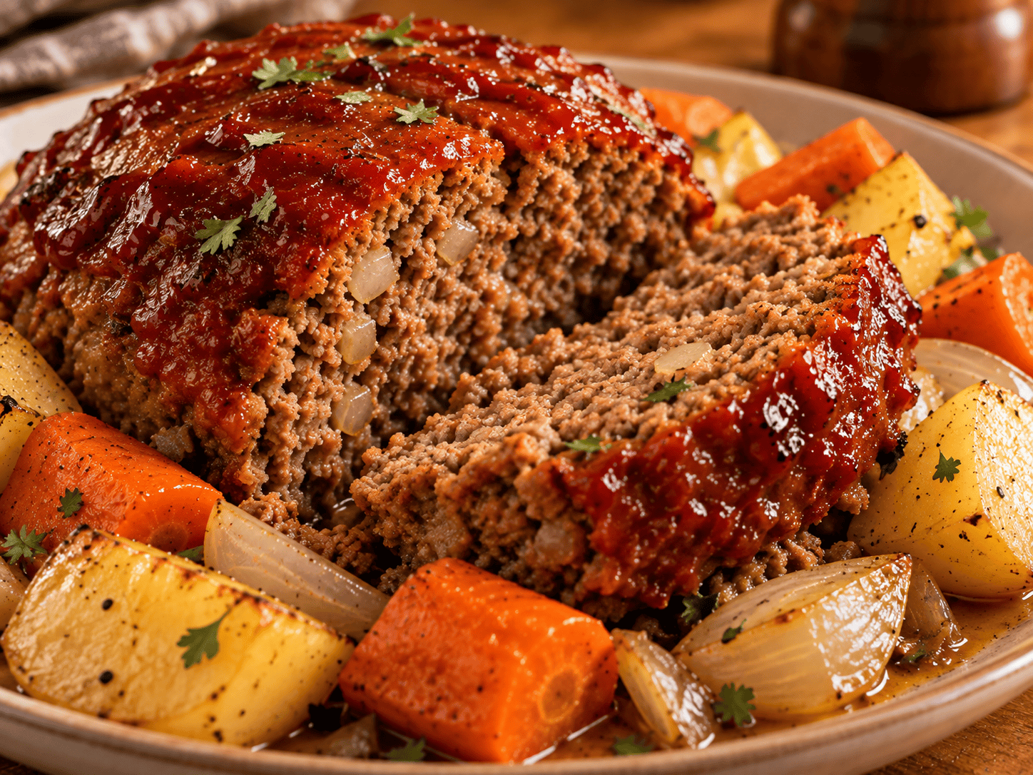 Juicy sliced Instant Pot meatloaf with caramelized tomato glaze and cooked vegetables