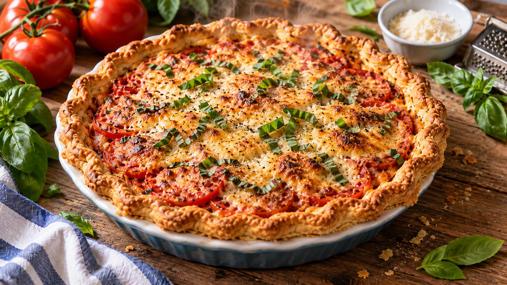 Freshly Baked Southern Tomato Pie Freshly baked Southern tomato pie with golden Parmesan topping and basil