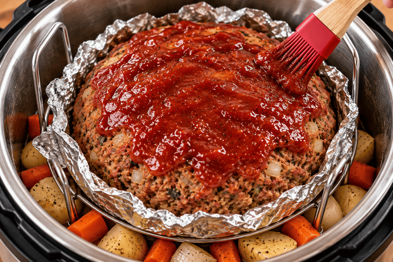Tomato glaze being spread over round Instant Pot meatloaf before pressure cooking