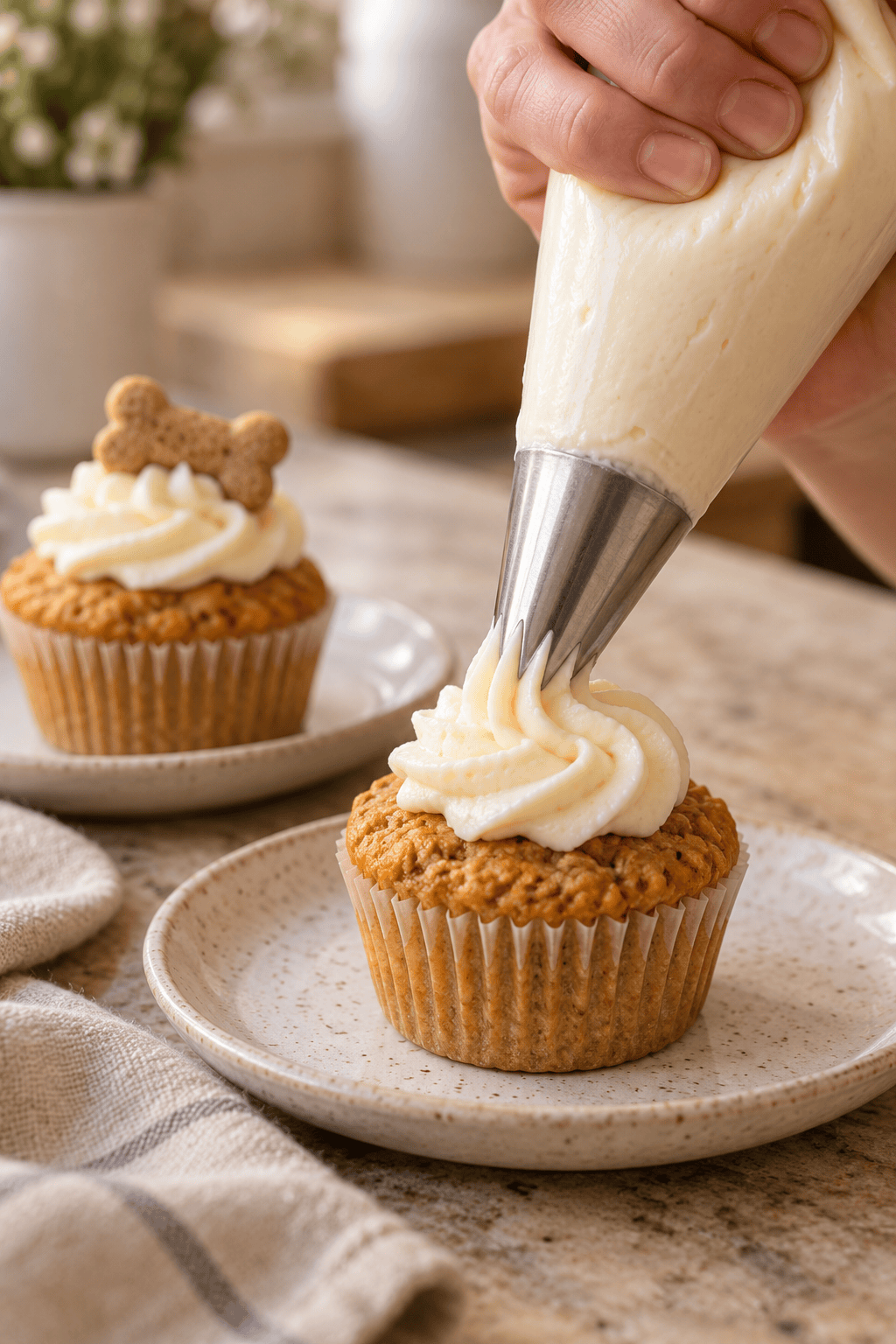 Hand using a star piping tip to add cream cheese dog frosting to a homemade pupcake