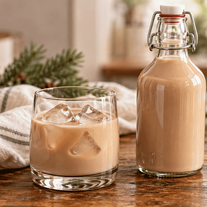 Homemade Irish cream served over ice beside a swing-top glass bottle, with evergreen sprigs and pink ribbon in the background.
