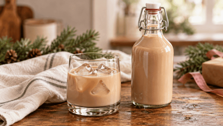 Homemade Irish cream served over ice beside a swing-top glass bottle, with evergreen sprigs and pink ribbon in the background.