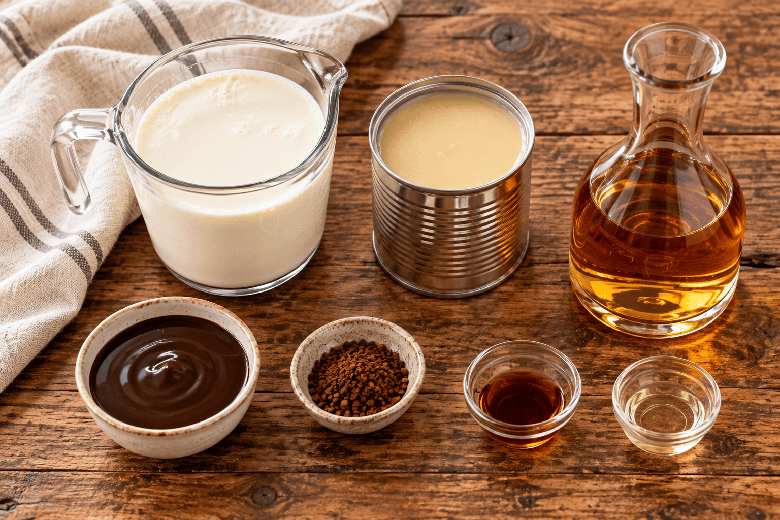 Heavy cream, sweetened condensed milk, Irish whiskey, chocolate syrup, instant coffee, and extracts arranged on a wooden table.