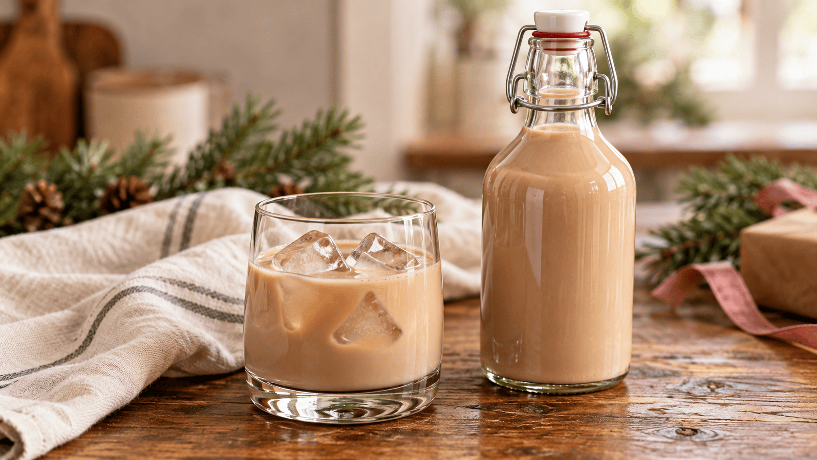 Homemade Irish cream served over ice beside a swing-top glass bottle, with evergreen sprigs and pink ribbon in the background.