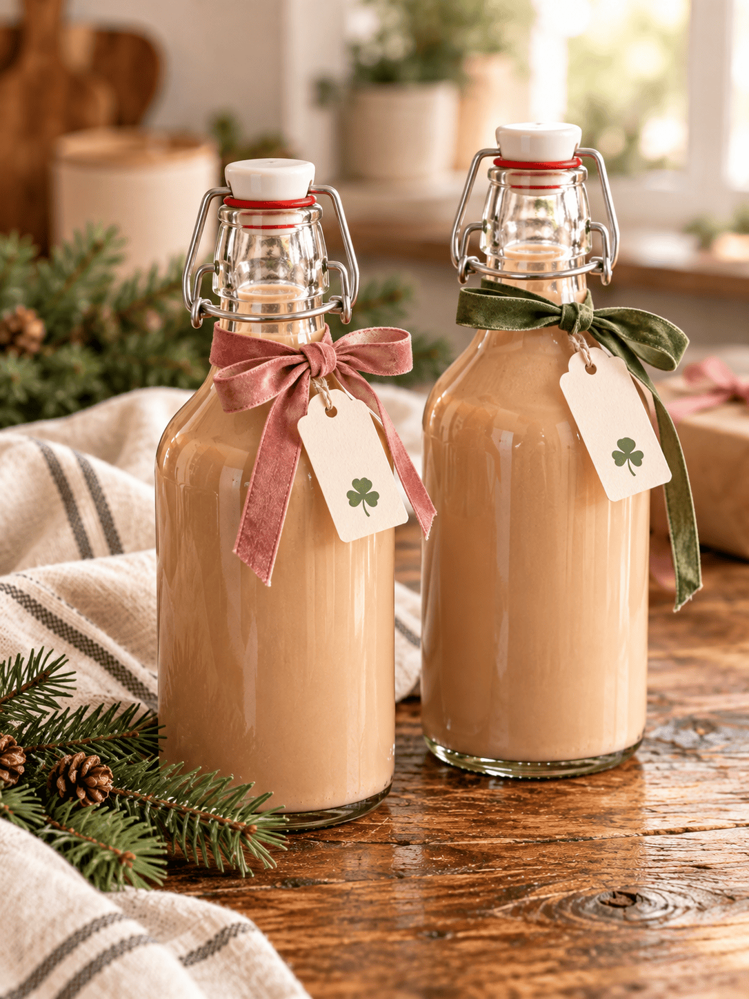 Two glass bottles of homemade Irish cream decorated with pink and green ribbons and cream gift tags featuring clovers.