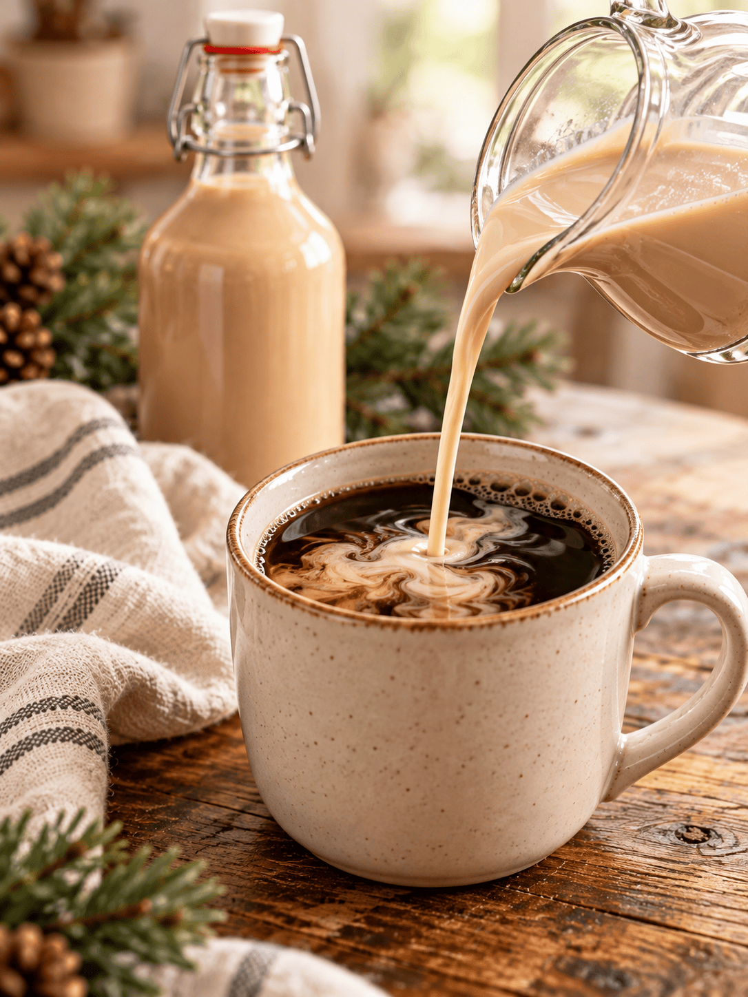 Homemade Irish cream pouring from a glass pitcher into dark coffee, creating creamy swirls in a ceramic mug.