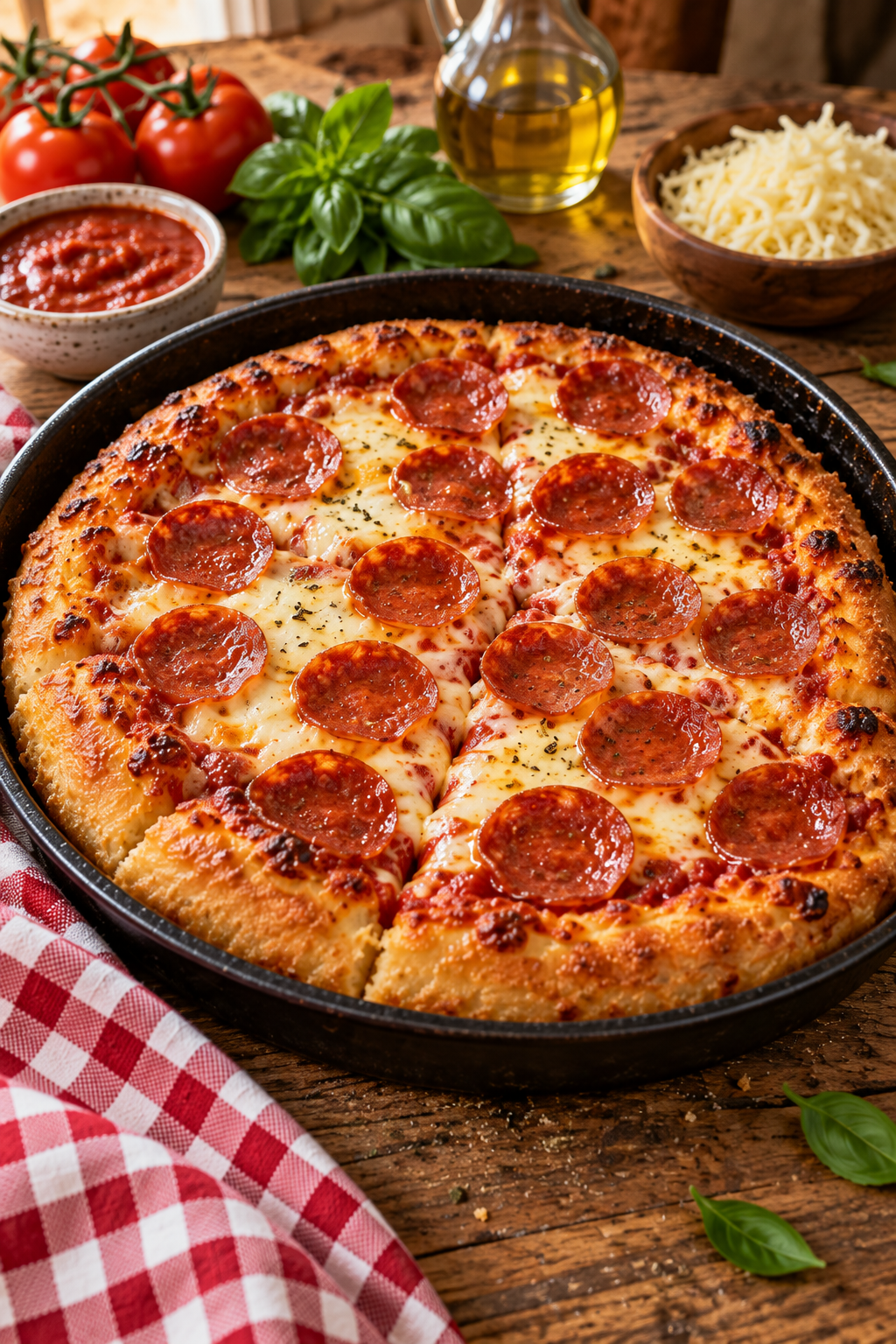 Homemade Copycat Pizza Hut pepperoni pan pizza with a thick golden crust