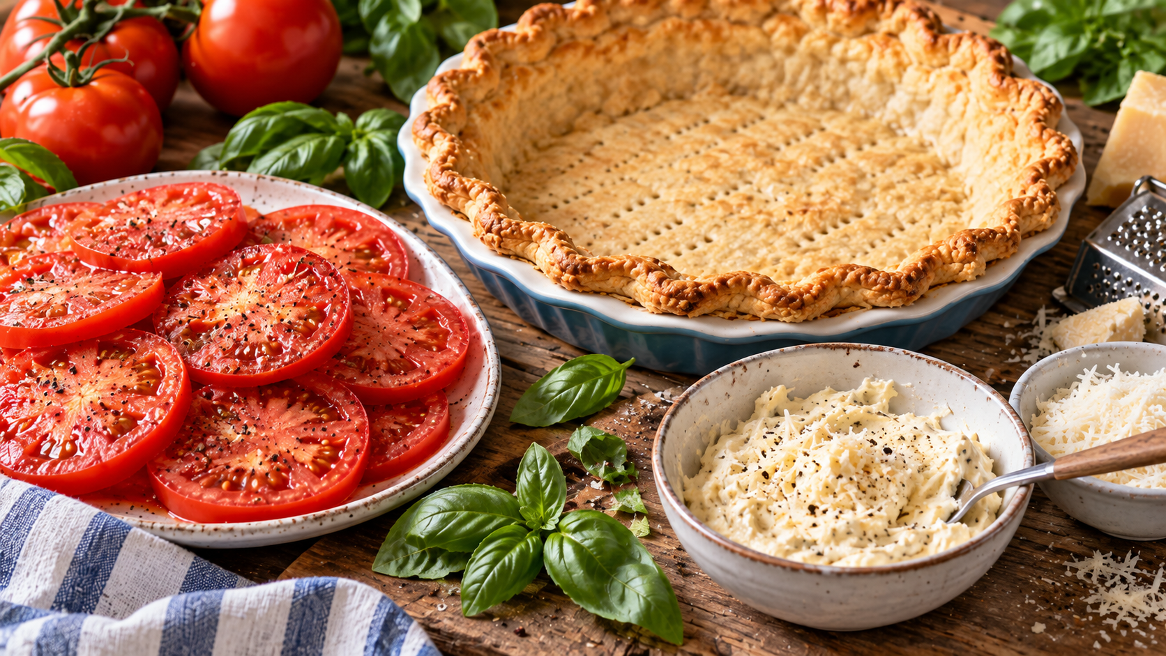 Ingredients for Southern Tomato Pie Baked pie crust with sliced tomatoes, fresh basil, Parmesan, and creamy tomato pie topping