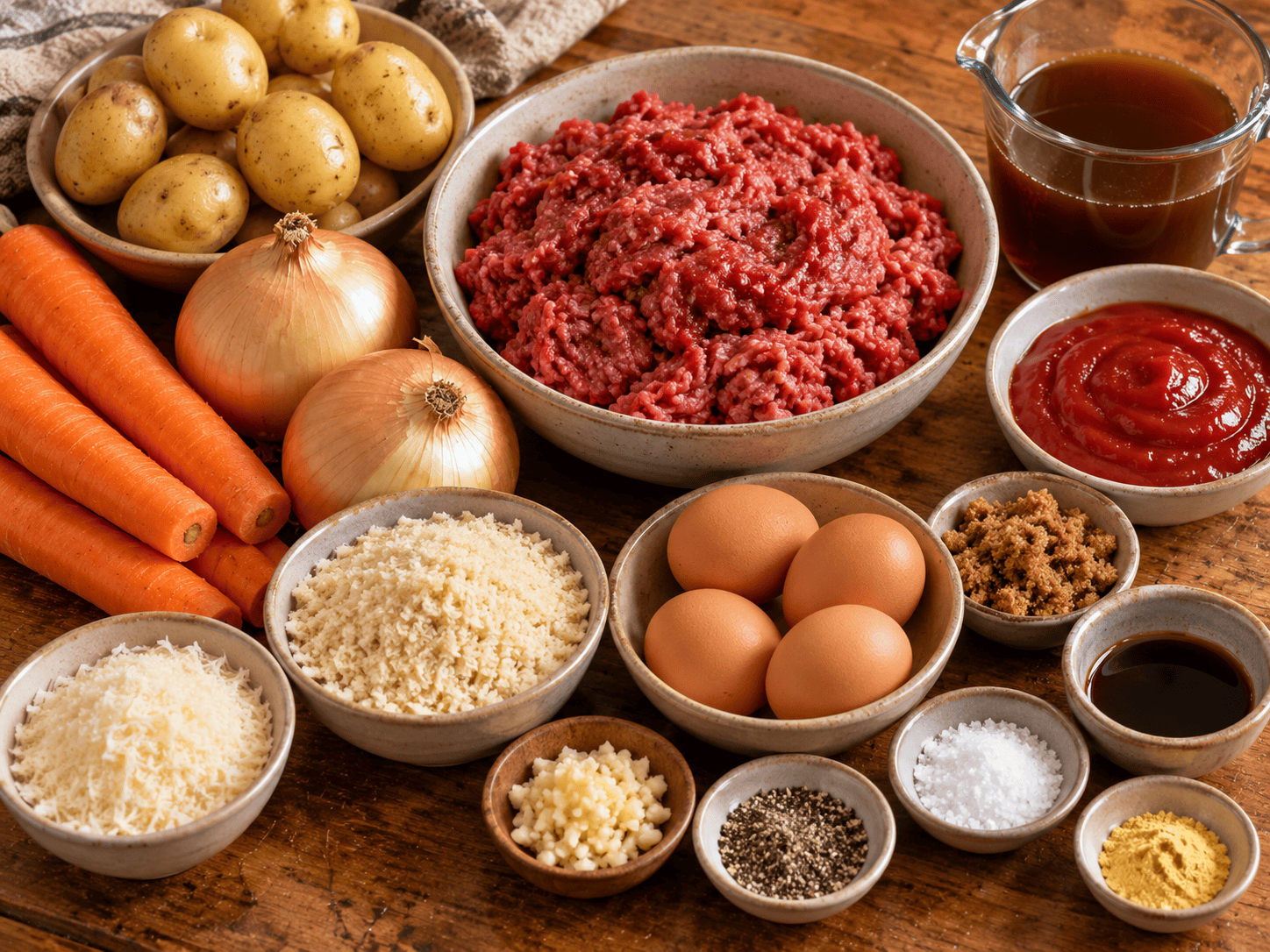 Ingredients for Instant Pot meatloaf including ground beef, eggs, breadcrumbs, Parmesan, potatoes, carrots, and onions