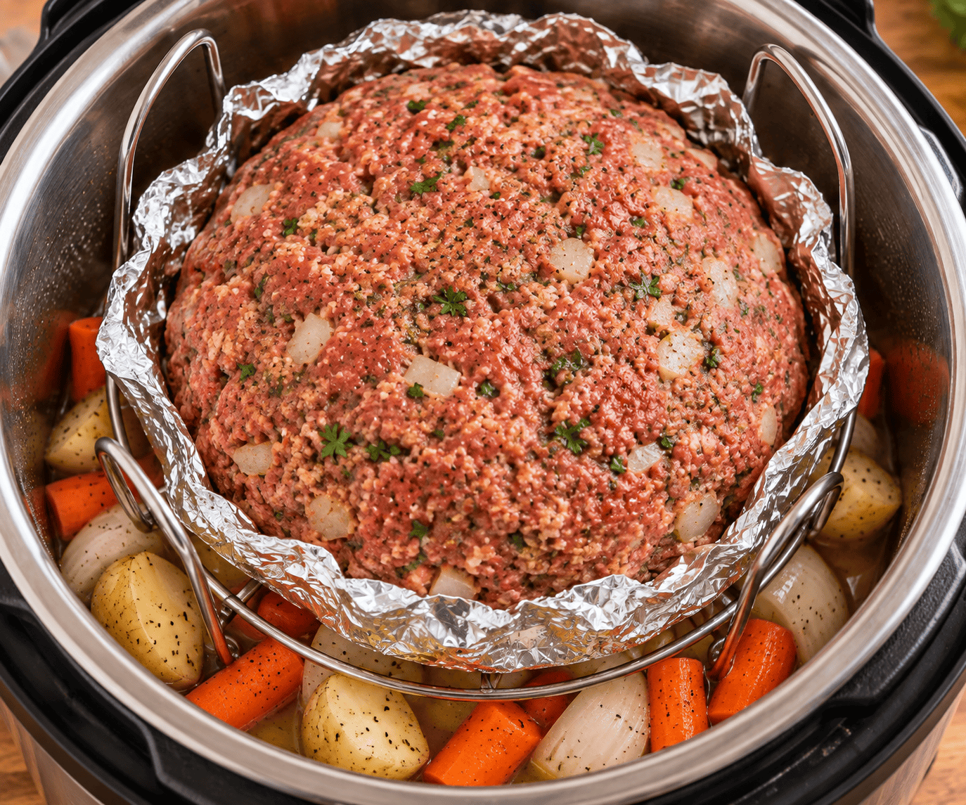Round meatloaf in a foil cradle on a trivet above potatoes, carrots, and onions in an Instant Pot