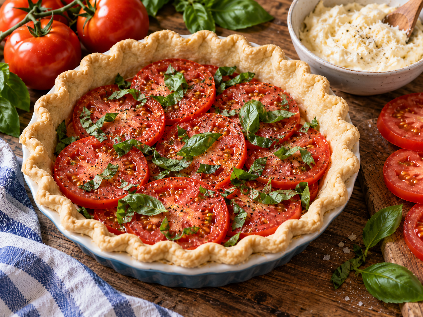 Layering Tomatoes and Basil for Tomato Pie Drained tomato slices and fresh basil layered inside a baked pie crust