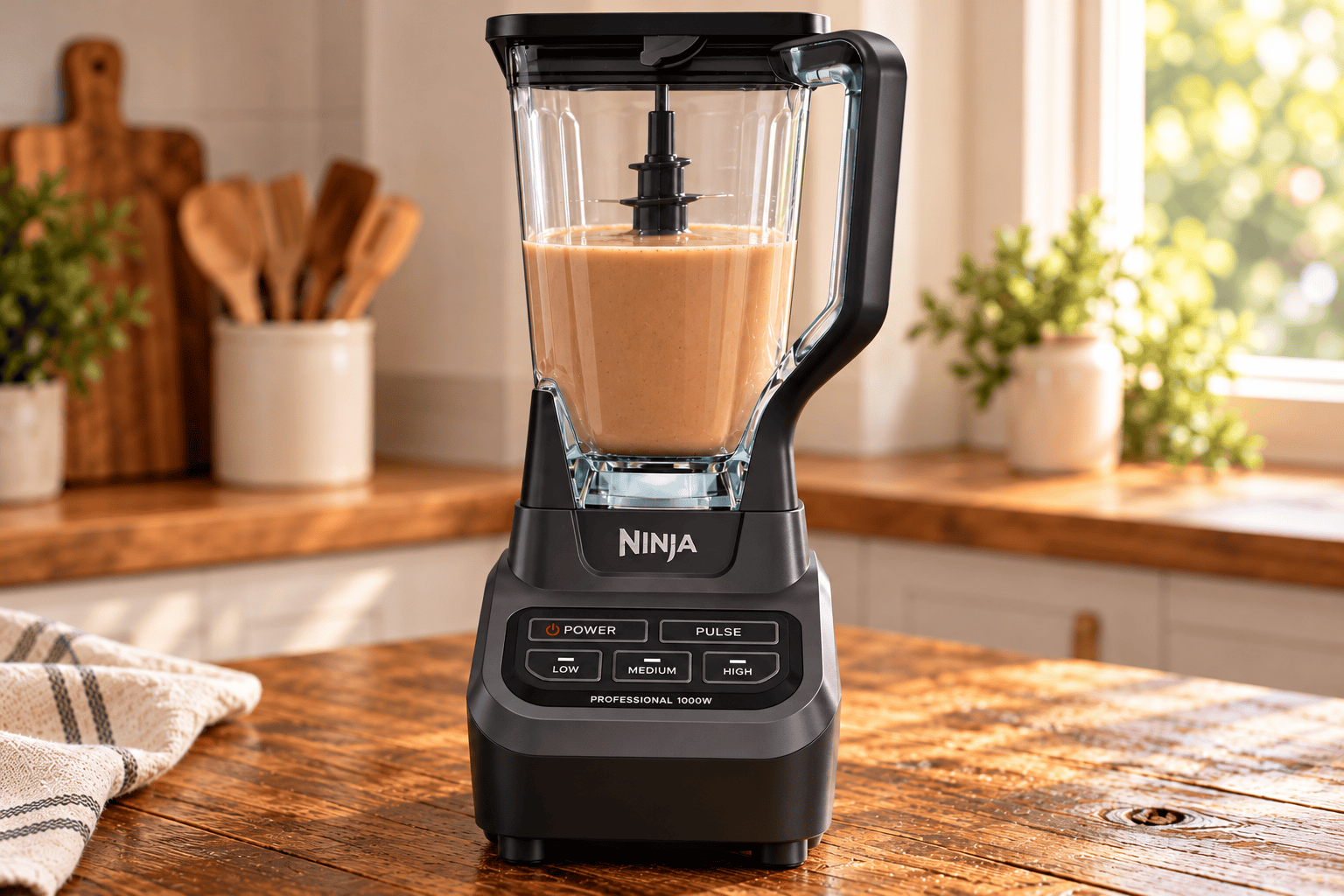 Ninja Professional blender containing creamy homemade Irish cream, with the lid secured and button controls visible.