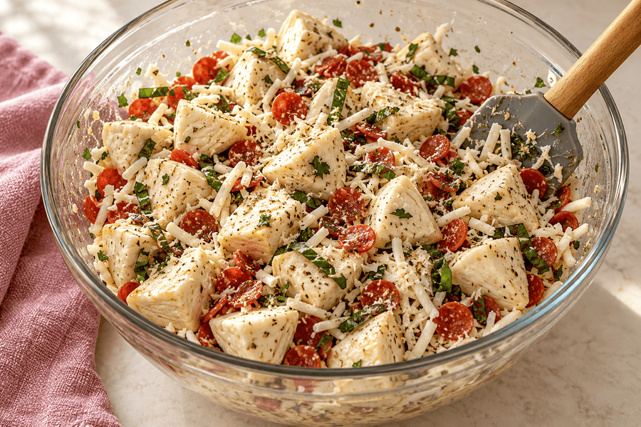 Raw biscuit quarters mixed with mini pepperoni, shredded cheese, and herbs in a glass bowl with a silicone spatula.