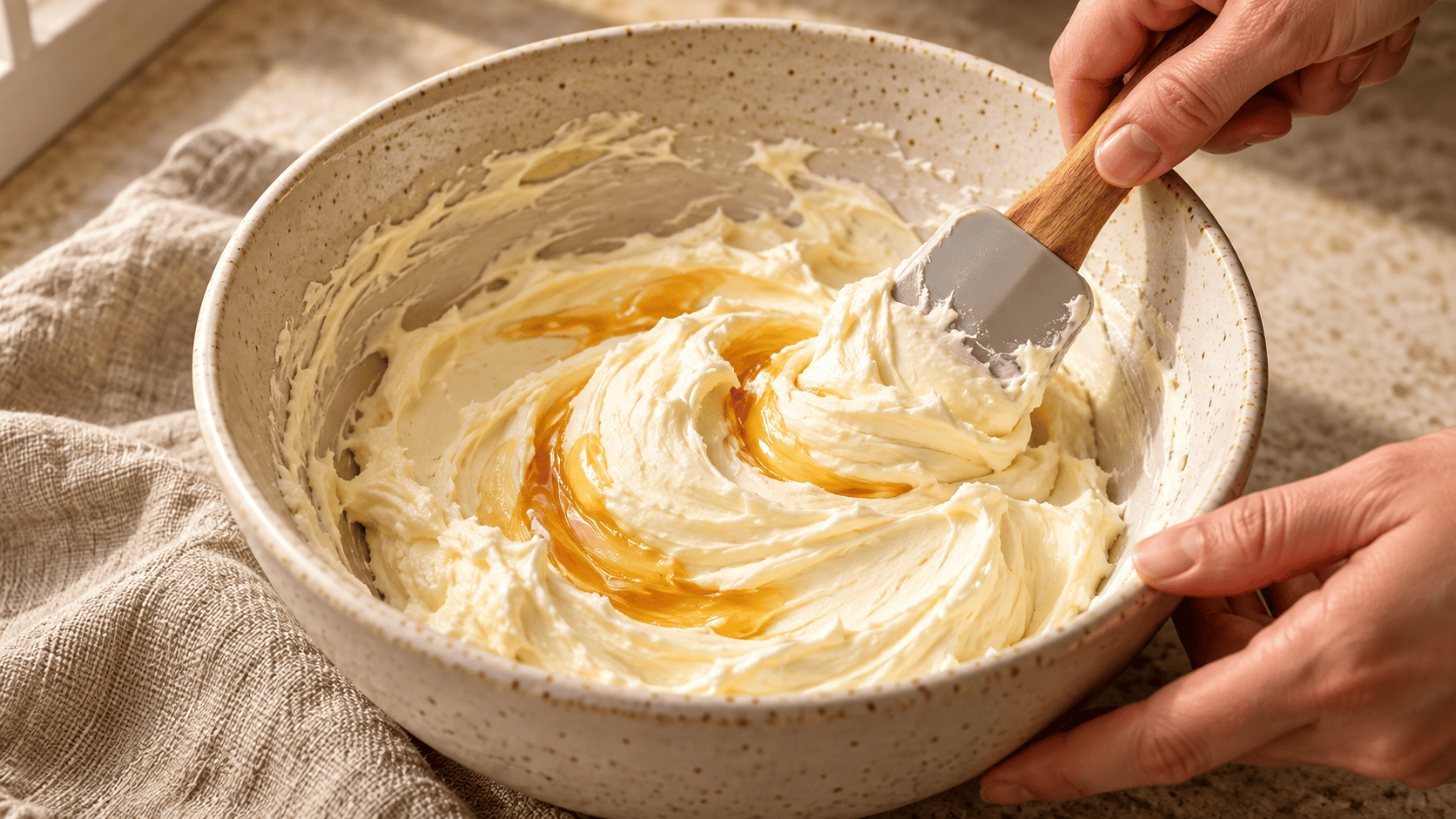 Hands stirring honey into softened cream cheese with a silicone spatula in a ceramic bowl