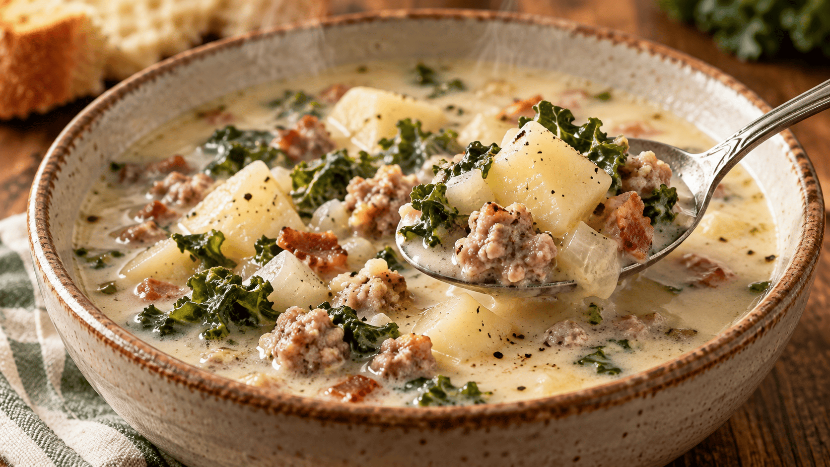 Olive Garden Zuppa Toscana copycat soup with creamy broth, diced russet potatoes, Italian sausage, bacon, and kale