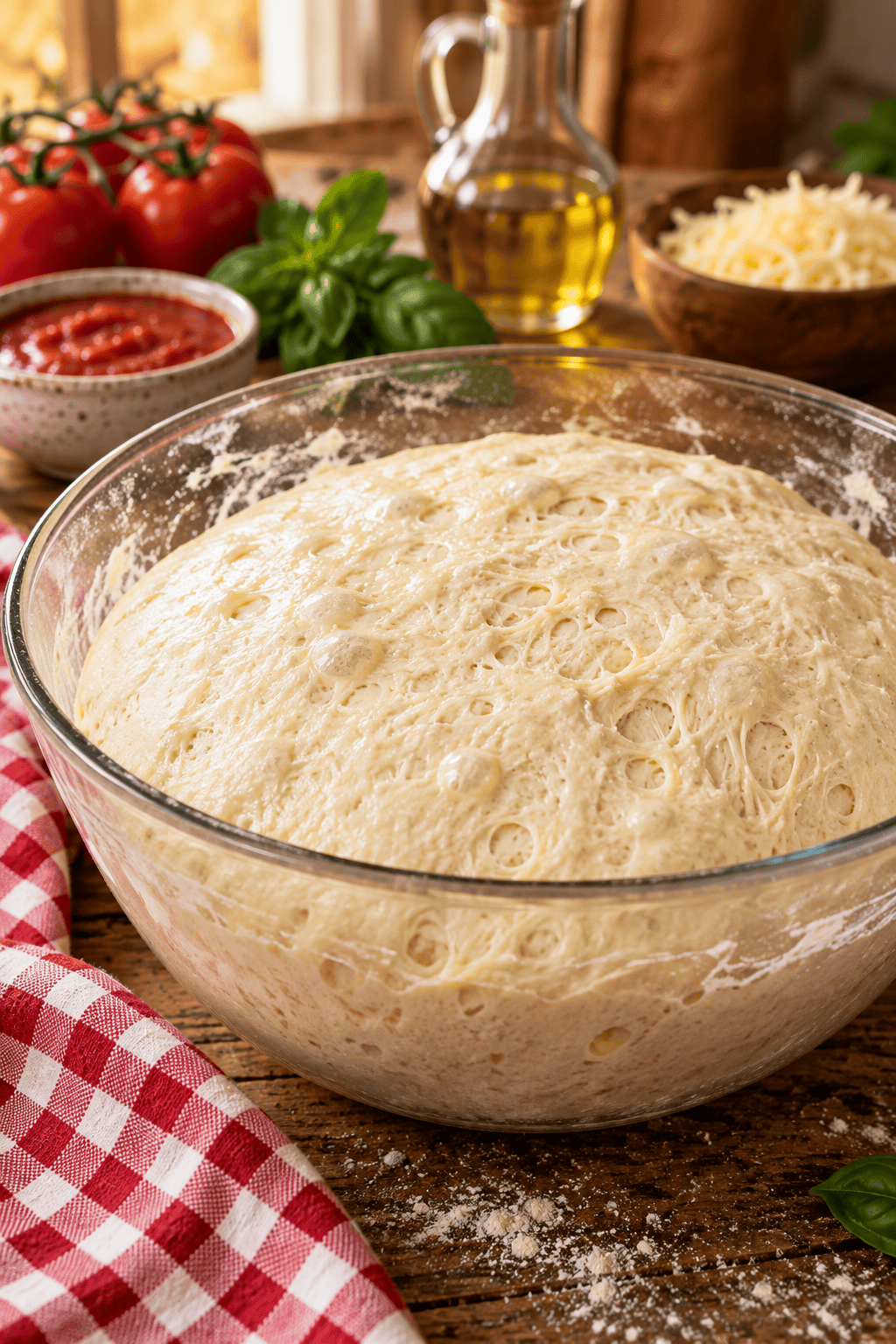 Copycat Pizza Hut pizza dough after the first rise in a glass mixing bowl