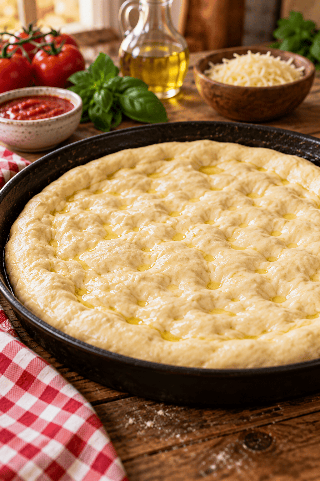 Pizza Hut style pizza dough pressed into a generously oiled round pizza pan