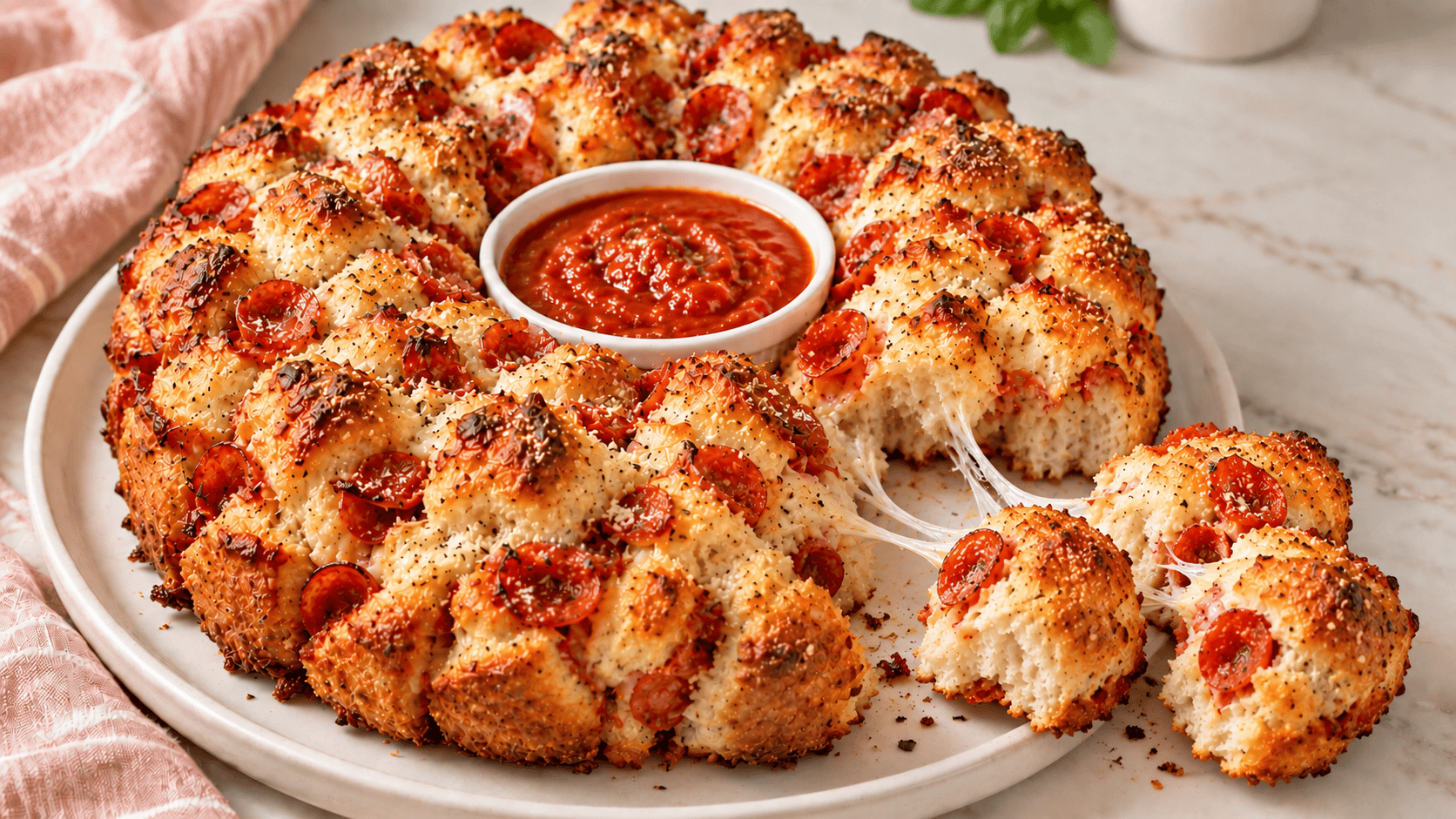 Pepperoni pull apart pizza bread with three biscuit pieces pulled away, melted cheese strands, and pizza sauce in the center.