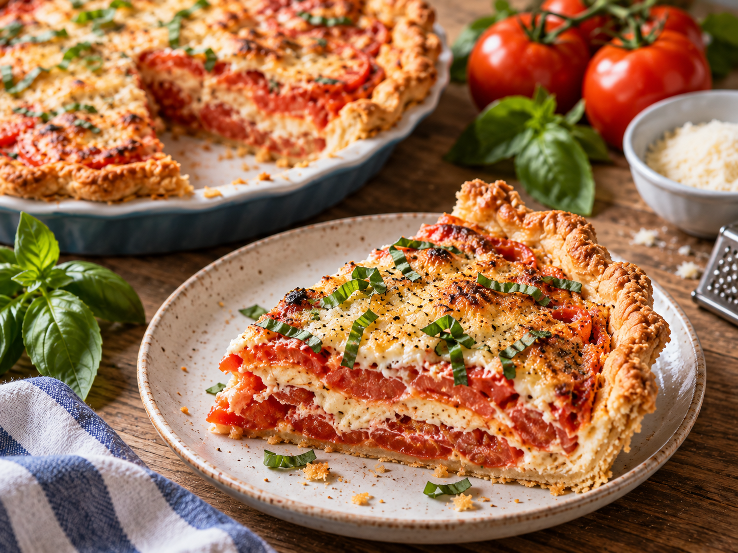 Southern Tomato Pie Slice Slice of Southern tomato pie showing layers of tomatoes, basil, Parmesan, and flaky crust