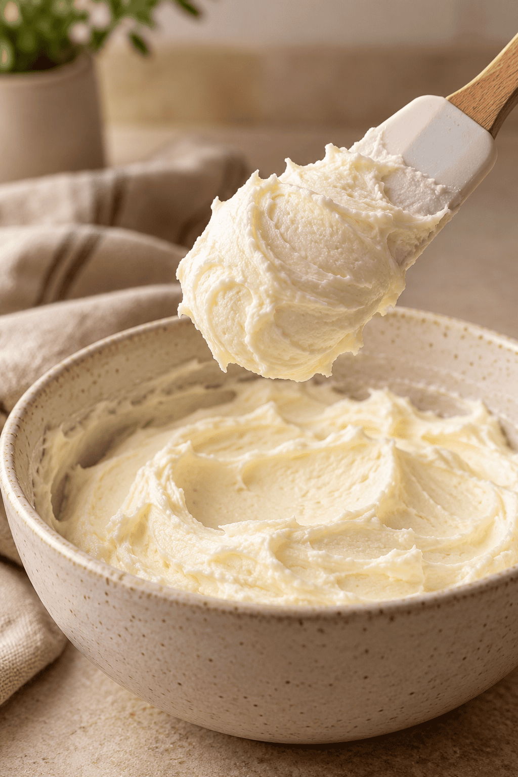 Silicone spatula holding a thick dollop of cream cheese dog frosting above a ceramic bowl